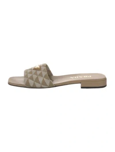 Pre-owned Prada Enameled Metal Triangle Canvas Mules In Neutrals