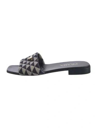 Pre-owned Prada Enameled Metal Triangle Canvas Slides In Blue