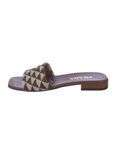 Pre-owned Prada Enameled Metal Triangle Canvas Slides In Brown