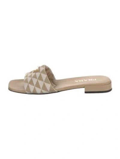 Pre-owned Prada Enameled Metal Triangle Canvas Slides In Neutral