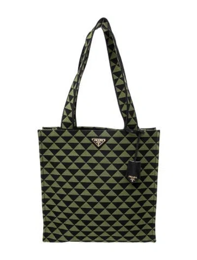 Pre-owned Prada Enameled Metal Triangle Canvas Tote Bag Large In Green