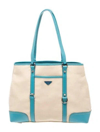 Pre-owned Prada Enameled Metal Triangle Canvas Tote In Neutral