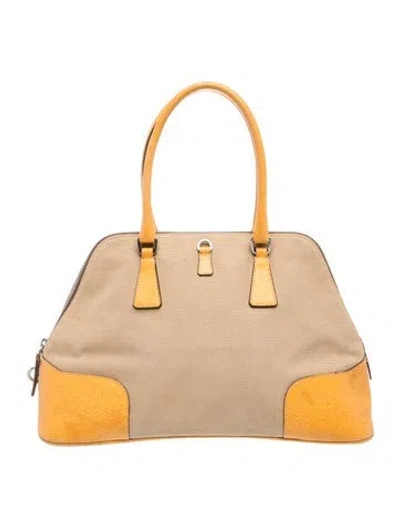 Pre-owned Prada Enameled Metal Triangle Cinghiale-trimmed Canapa Sport Handle Bag In Neutral