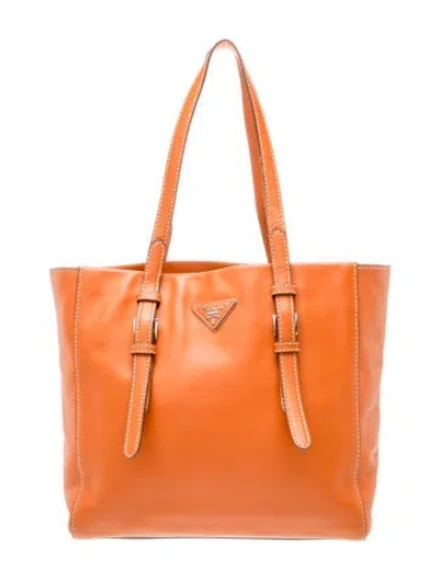 Pre-owned Prada Enameled Metal Triangle City Sport Tote In Orange