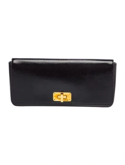 Pre-owned Prada Enameled Metal Triangle Clutch Small In Black