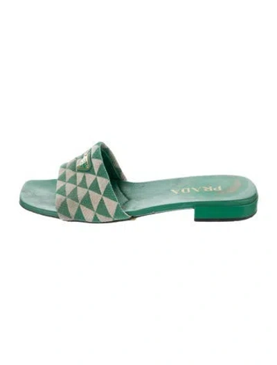 Pre-owned Prada Enameled Metal Triangle Colorblock Pattern Slides In Green