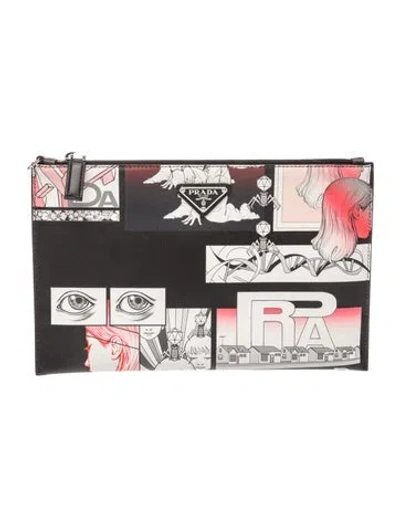 Pre-owned Prada Enameled Metal Triangle Comics Clutch In Black