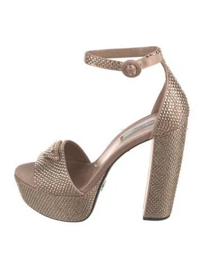 Pre-owned Prada Enameled Metal Triangle Crystal Embellishments D'orsay Pumps In Neutral