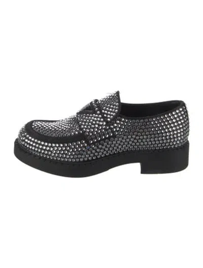 Pre-owned Prada Enameled Metal Triangle Crystal Loafers In Black/metallic