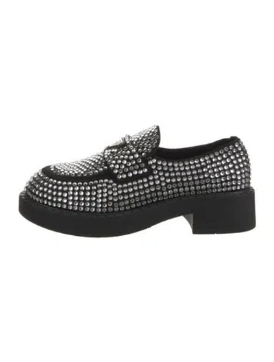 Pre-owned Prada Enameled Metal Triangle Crystal Loafers In Black/metallic