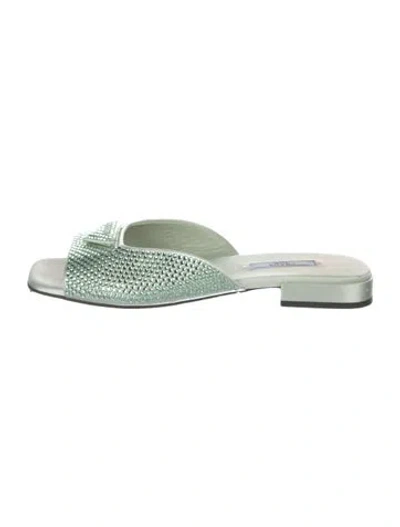 Pre-owned Prada Enameled Metal Triangle Crystal Slides In Green