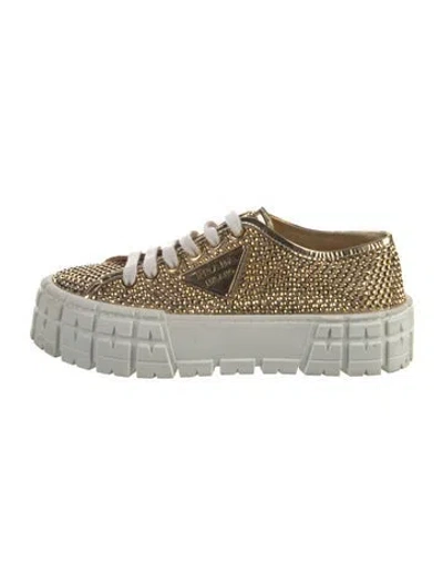 Pre-owned Prada Enameled Metal Triangle Crystal Sneakers In Gold