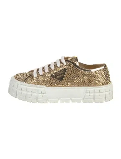 Pre-owned Prada Enameled Metal Triangle Crystal Sneakers In Gold