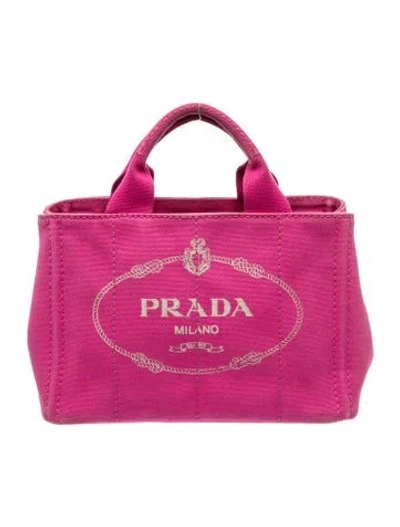 Pre-owned Prada Enameled Metal Triangle Denim Canapa Denim Tote Small In Pink