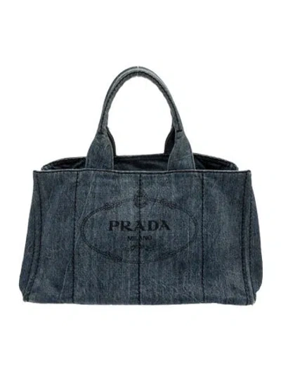 Pre-owned Prada Enameled Metal Triangle Denim Canapa Logo Large Tote Blue Large