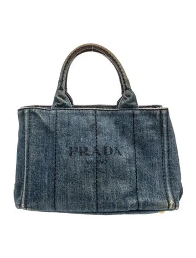 Pre-owned Prada Enameled Metal Triangle Denim Canapa Small Tote Blue