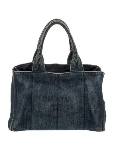 Pre-owned Prada Enameled Metal Triangle Denim Logo Tote Avio In Blue