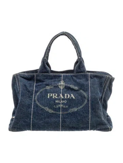 Pre-owned Prada Enameled Metal Triangle Denim Logo Tote Large In Blue