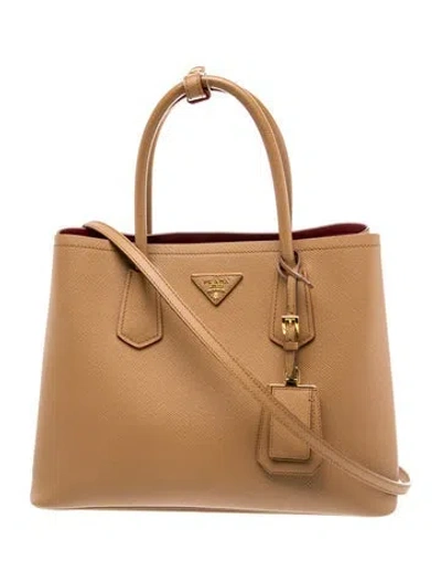 Pre-owned Prada Enameled Metal Triangle Double Bag Small In Brown