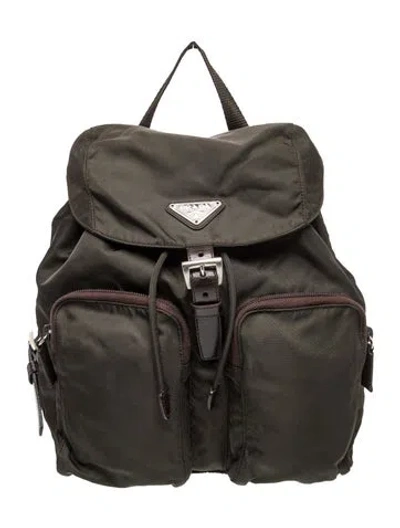Pre-owned Prada Enameled Metal Triangle Double Pocket Backpack In Black