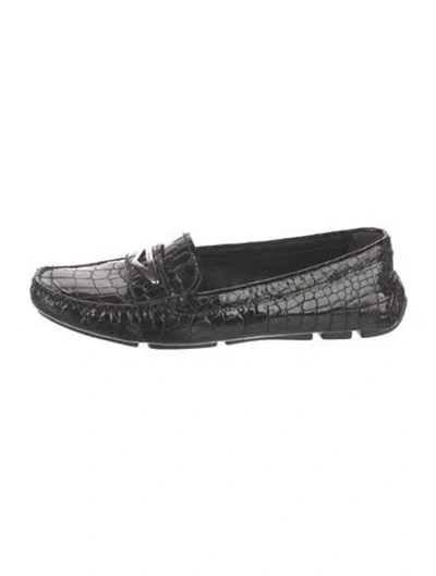 Pre-owned Prada Enameled Metal Triangle Embossed Leather Loafers In Black