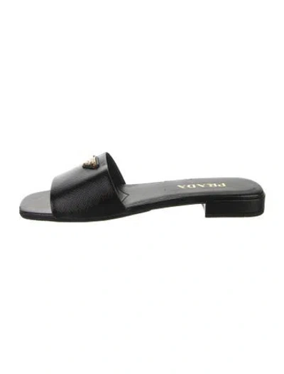 Pre-owned Prada Enameled Metal Triangle Embossed Leather Slides In Black