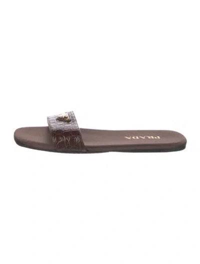 Pre-owned Prada Enameled Metal Triangle Embossed Leather Slides In Brown
