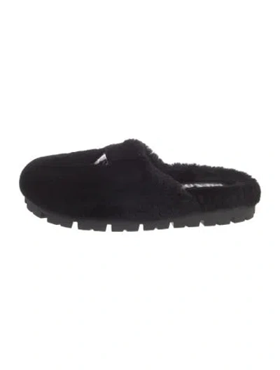 Pre-owned Prada Enameled Metal Triangle Faux Fur Slides In Black