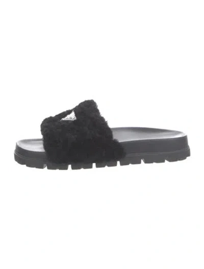Pre-owned Prada Enameled Metal Triangle Faux Fur Slides In Black