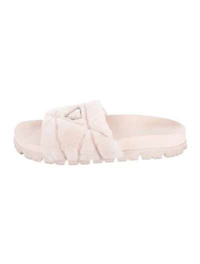 Pre-owned Prada Enameled Metal Triangle Faux Fur Slides In Pink
