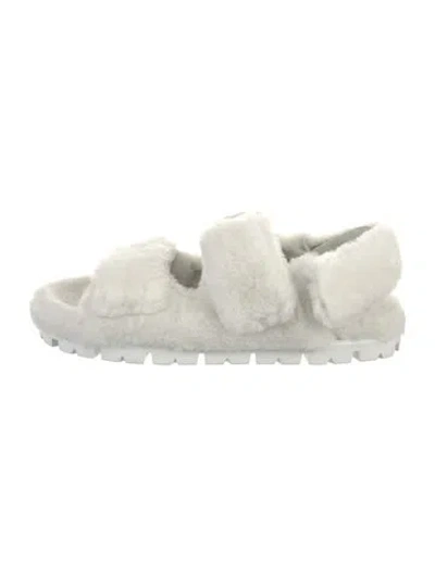 Pre-owned Prada Enameled Metal Triangle Faux Fur Slides In White