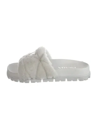 Pre-owned Prada Enameled Metal Triangle Faux Fur Slides In White