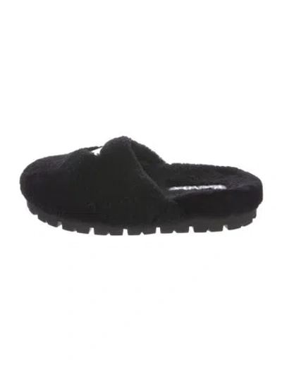 Pre-owned Prada Enameled Metal Triangle Faux Fur Slippers In Black
