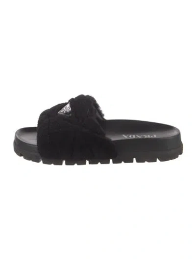 Pre-owned Prada Enameled Metal Triangle Faux Fur Trim Slides In Black