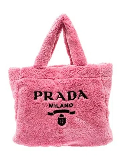Pre-owned Prada Enameled Metal Triangle Fur Tote In Pink