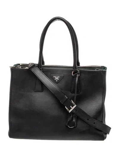 Pre-owned Prada Enameled Metal Triangle Galleria Double Zip Large In Black
