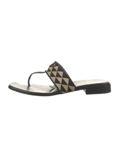 Pre-owned Prada Enameled Metal Triangle Graphic Print Slides In Black
