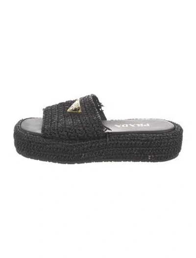 Pre-owned Prada Enameled Metal Triangle Jute Slides In Black
