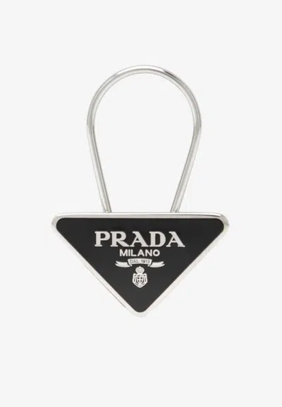 Prada Enameled Metal Triangle Keyring In Black
