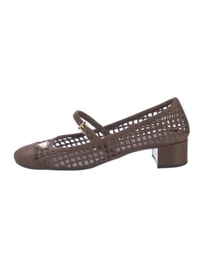 Pre-owned Prada Enameled Metal Triangle Lace Pattern Mary Jane Flats In Brown