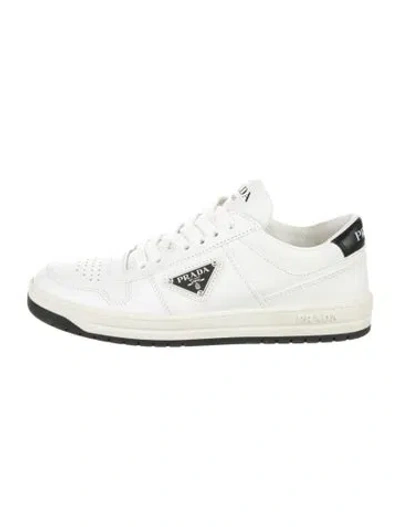 Pre-owned Prada Enameled Metal Triangle Leather Athletic Sneakers In Black/white