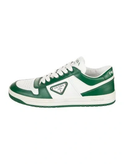 Pre-owned Prada Enameled Metal Triangle Leather Athletic Sneakers In Green/white