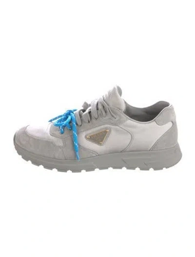Pre-owned Prada Enameled Metal Triangle Leather Athletic Sneakers In Grey