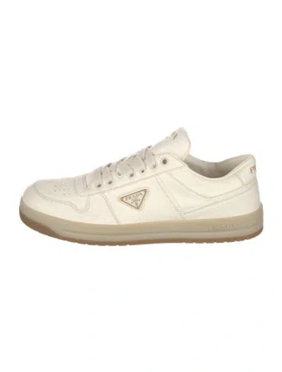 Pre-owned Prada Enameled Metal Triangle Leather Athletic Sneakers In Neutrals