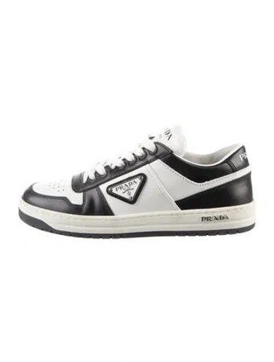 Pre-owned Prada Enameled Metal Triangle Leather Athletic Sneakers In White