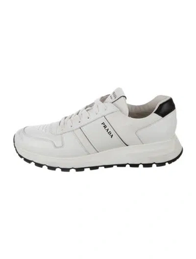 Pre-owned Prada Enameled Metal Triangle Leather Athletic Sneakers In White