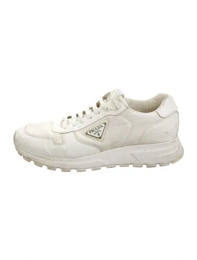 Pre-owned Prada Enameled Metal Triangle Leather Athletic Sneakers In White