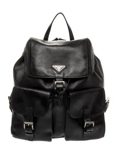 Pre-owned Prada Enameled Metal Triangle Leather Backpack Medium In Black
