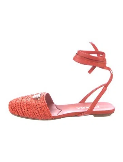 Pre-owned Prada Enameled Metal Triangle Leather Ballet Flats In Red