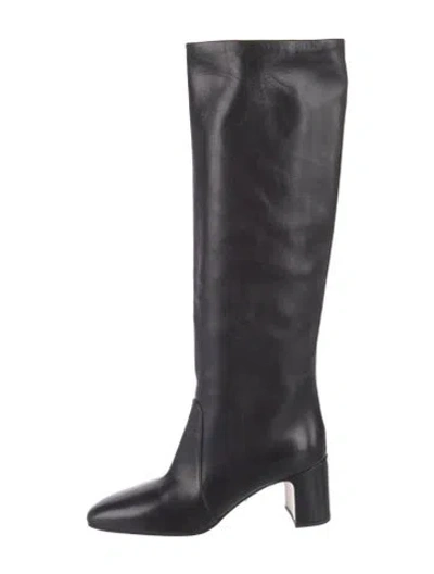 Pre-owned Prada Enameled Metal Triangle Leather Boots In Black